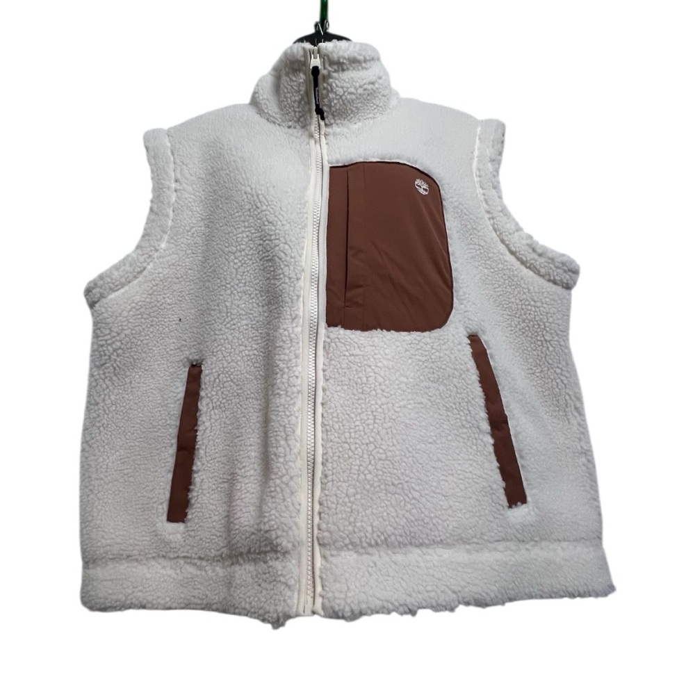 TIMBERLAND White Sherpa Fleece Vest with Brown Accents